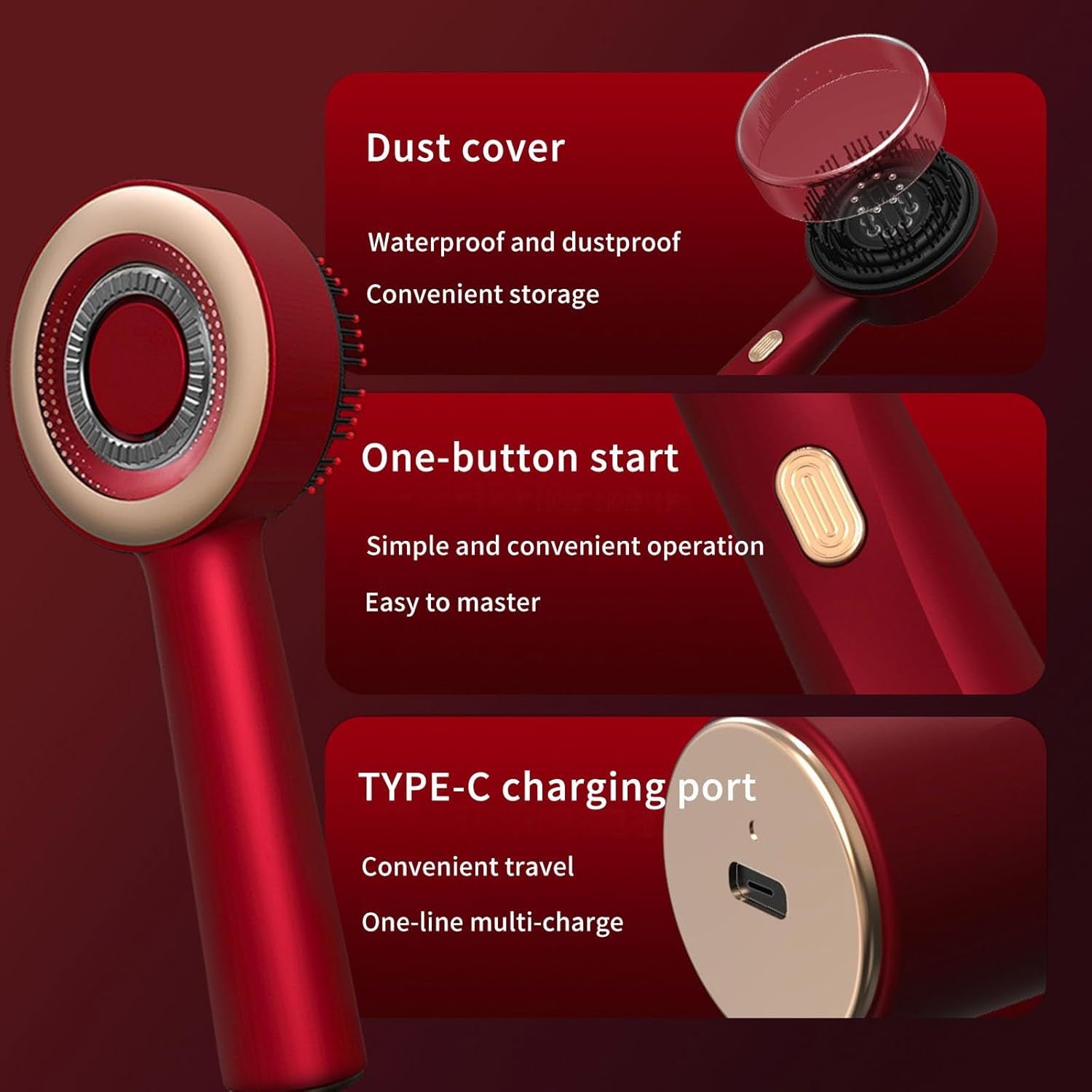 Multi-Functional Red Hair Brush, Cordless Electric Shiatsu Hair Brush, Deep Scalp Massage Comb for Muscle Relax